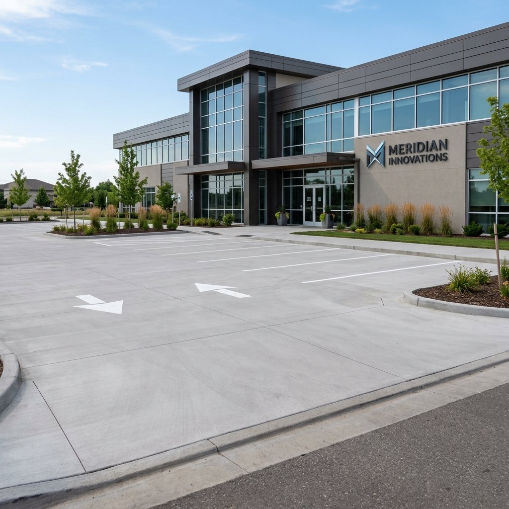 Smooth finished commercial concrete parking pad and storefront