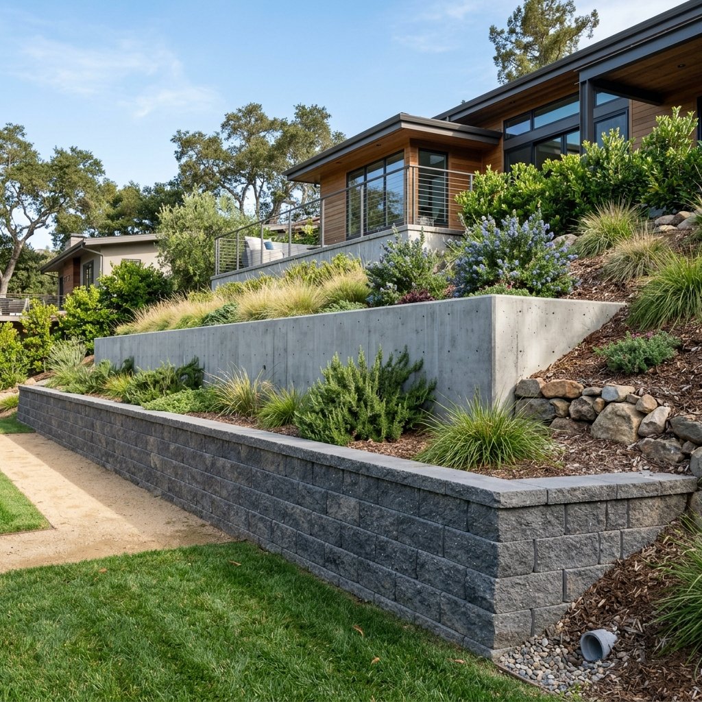 Poured concrete retaining wall on garden slope