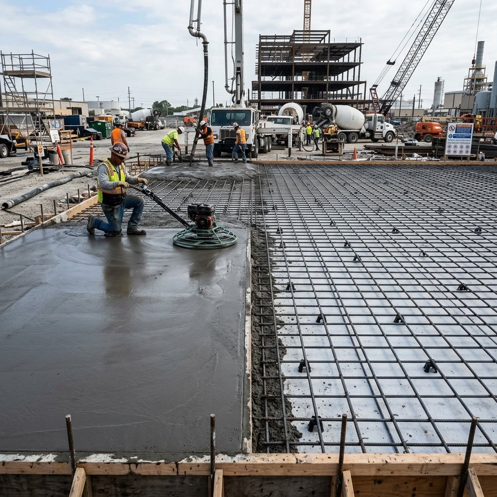 Steel-reinforced structural concrete floor slab construction